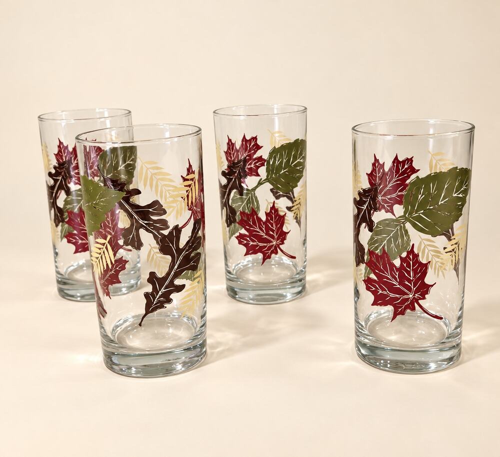 Vintage 1970s Libbey Autumn Leaves Highball Glasses Set of 4 Fall Tumblers